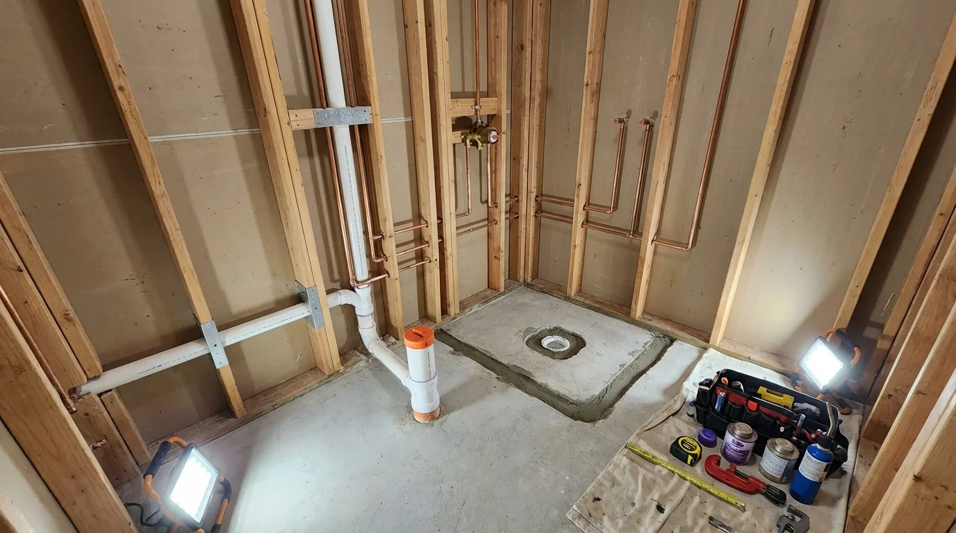 Bathroom rough-in plumbing during remodel by Johns Plumbing LLC in West Chatham