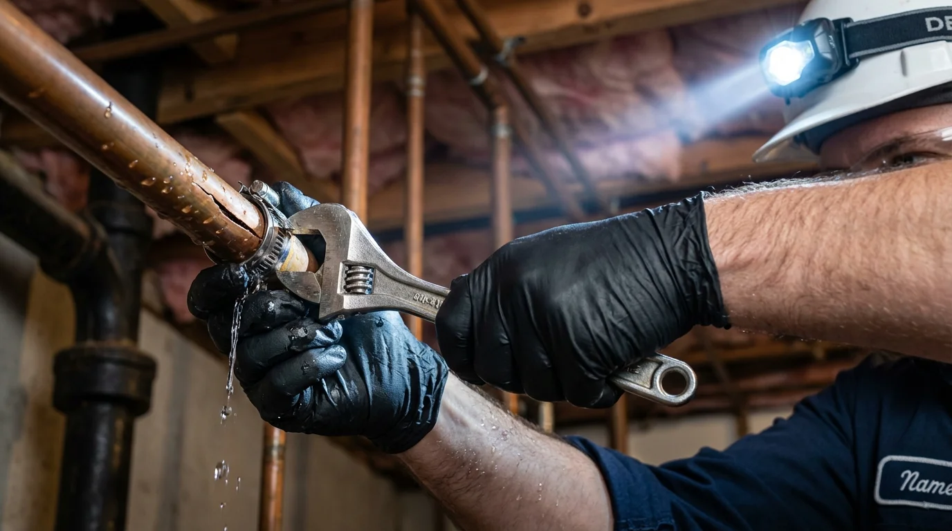 Emergency pipe clamp repair being performed by a Johns Plumbing LLC plumber in West Chatham