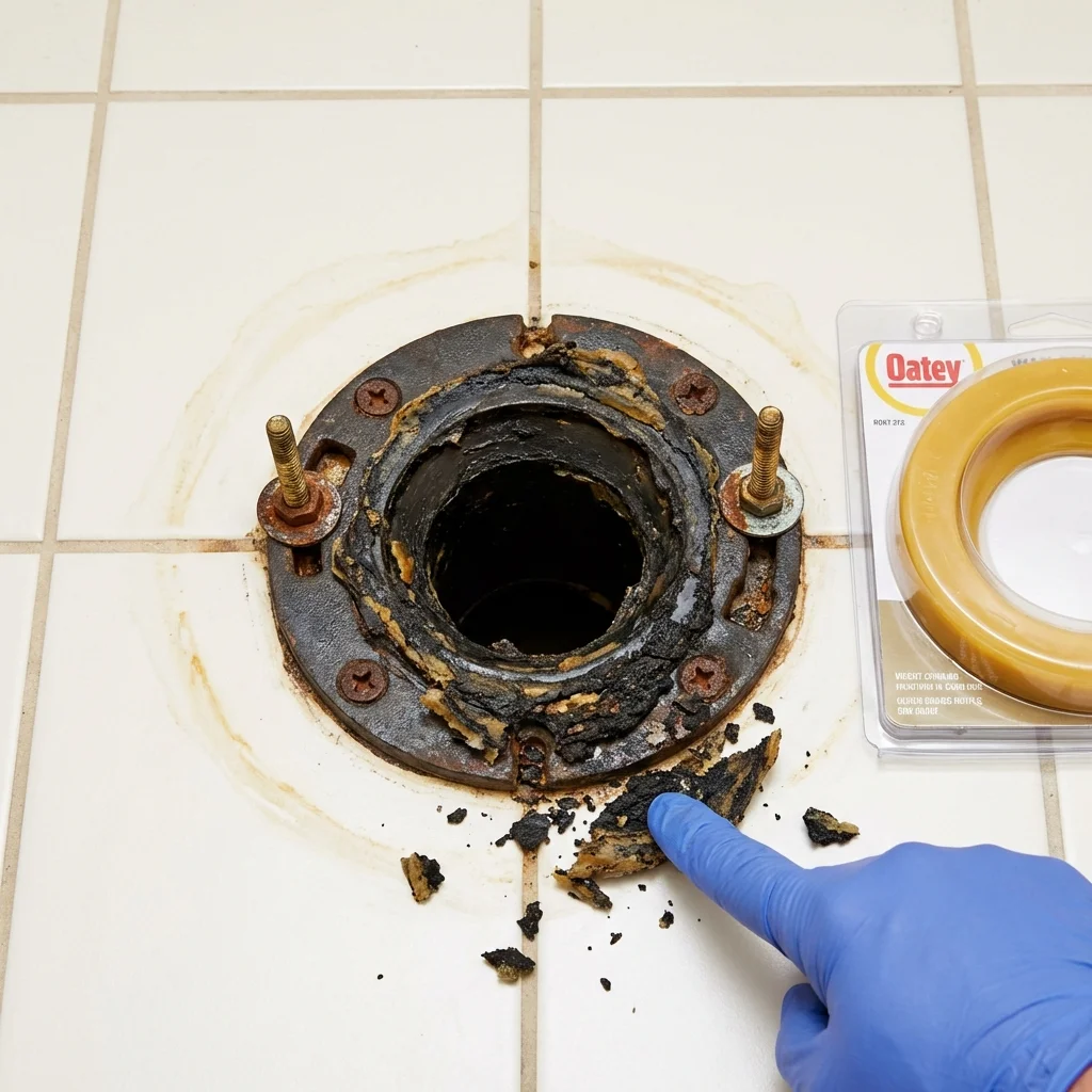 Failed wax ring showing water seepage at the base of a toilet in a West Chatham, MA home