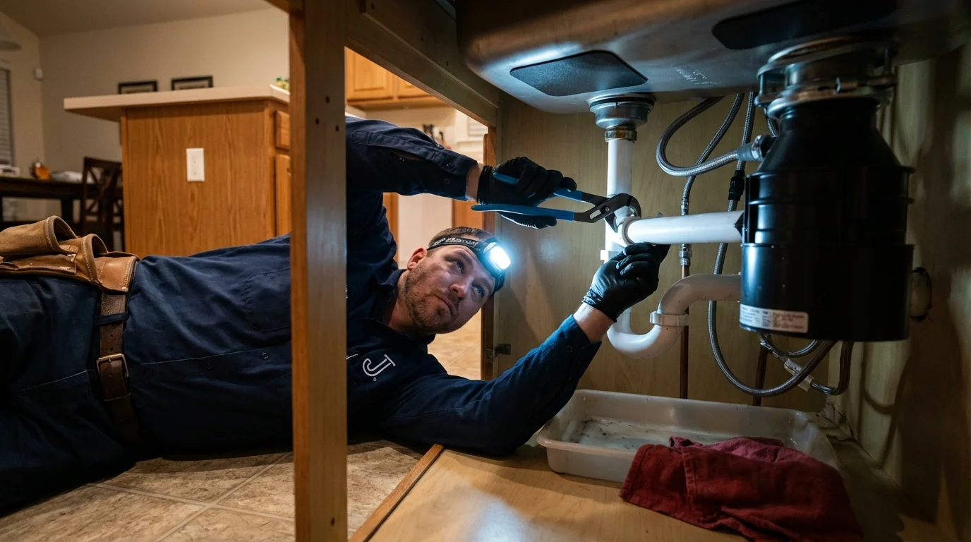 P-trap and supply line connections under a kitchen sink showing a common leak point in West Chatham, MA